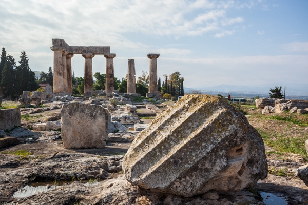 Ruins and pieces of pillars can be seen at the Temple of Apollo in old Corinth.
