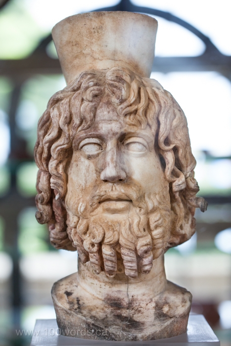 Statue of the god Serapis found in ancient Corinth. There were two precincts dedicated to this god on the Akrokorinth (the Acropolis) of the city. Serapis was worshiped throughout the Mediterranean basin; his worship seemed to transcend ethnic boundaries and earned him reverence in the Egyptian, Greek and Roman cultures.