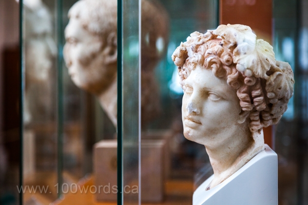 In the Archaeological Museum of Ancient Corinth many artifacts were on display. This is the Marble head of Dionysos, 2nd century A.D.