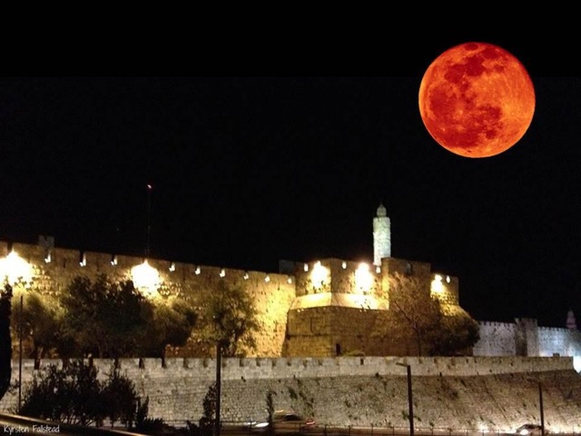 The recent blood moon over the walls of the old city of Jerusalem.